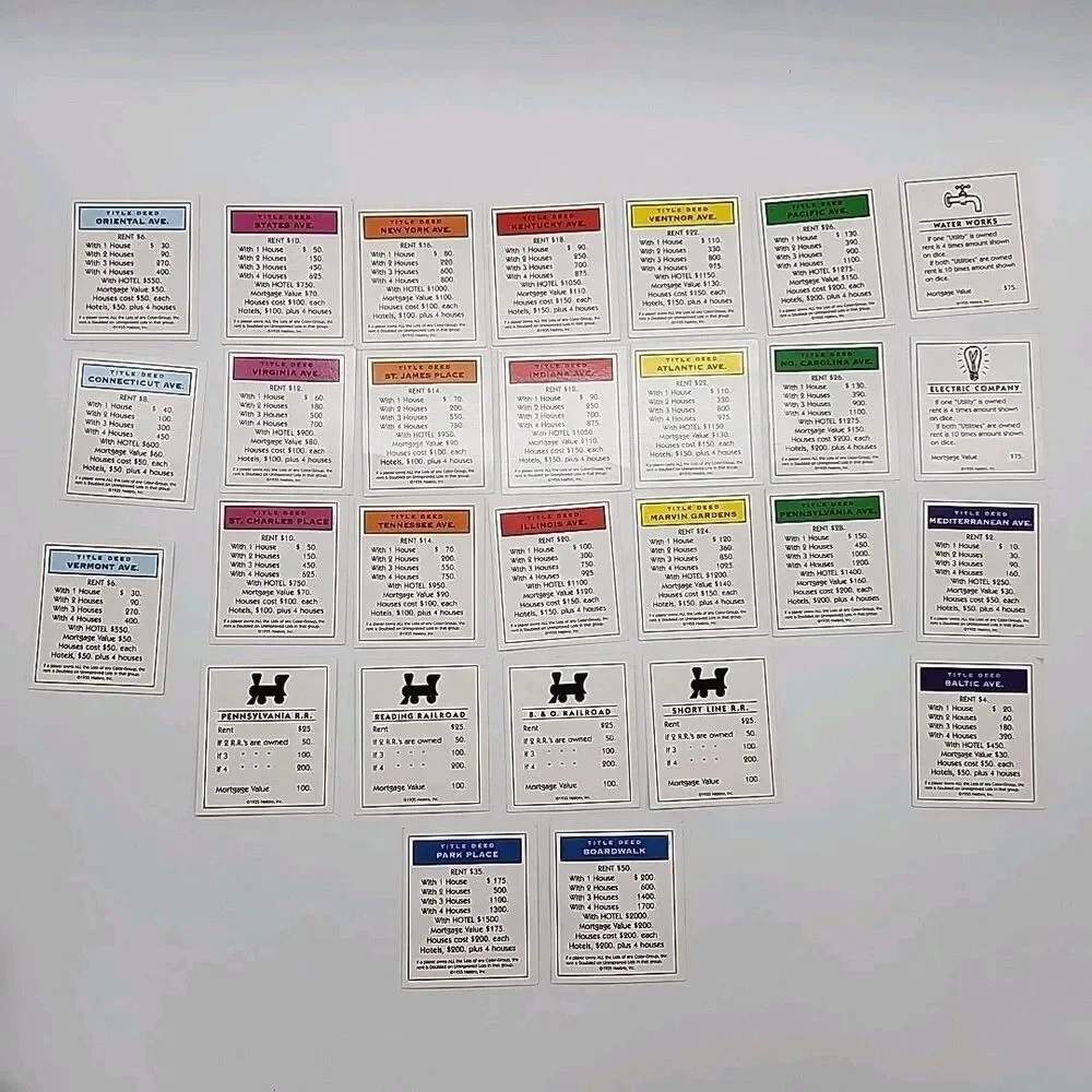Vtg 1990's Monopoly Property Deeds 28 Cards COMPLETE- Used
